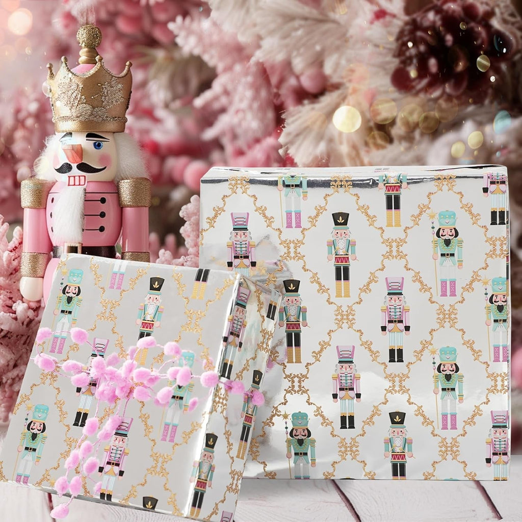 Christmas Foil Wrapping Paper - Mini Roll, Pink Nutcracker Gift Wrap for Christmas, Holiday, Xmas Party Celebration, 43Cm X 10M