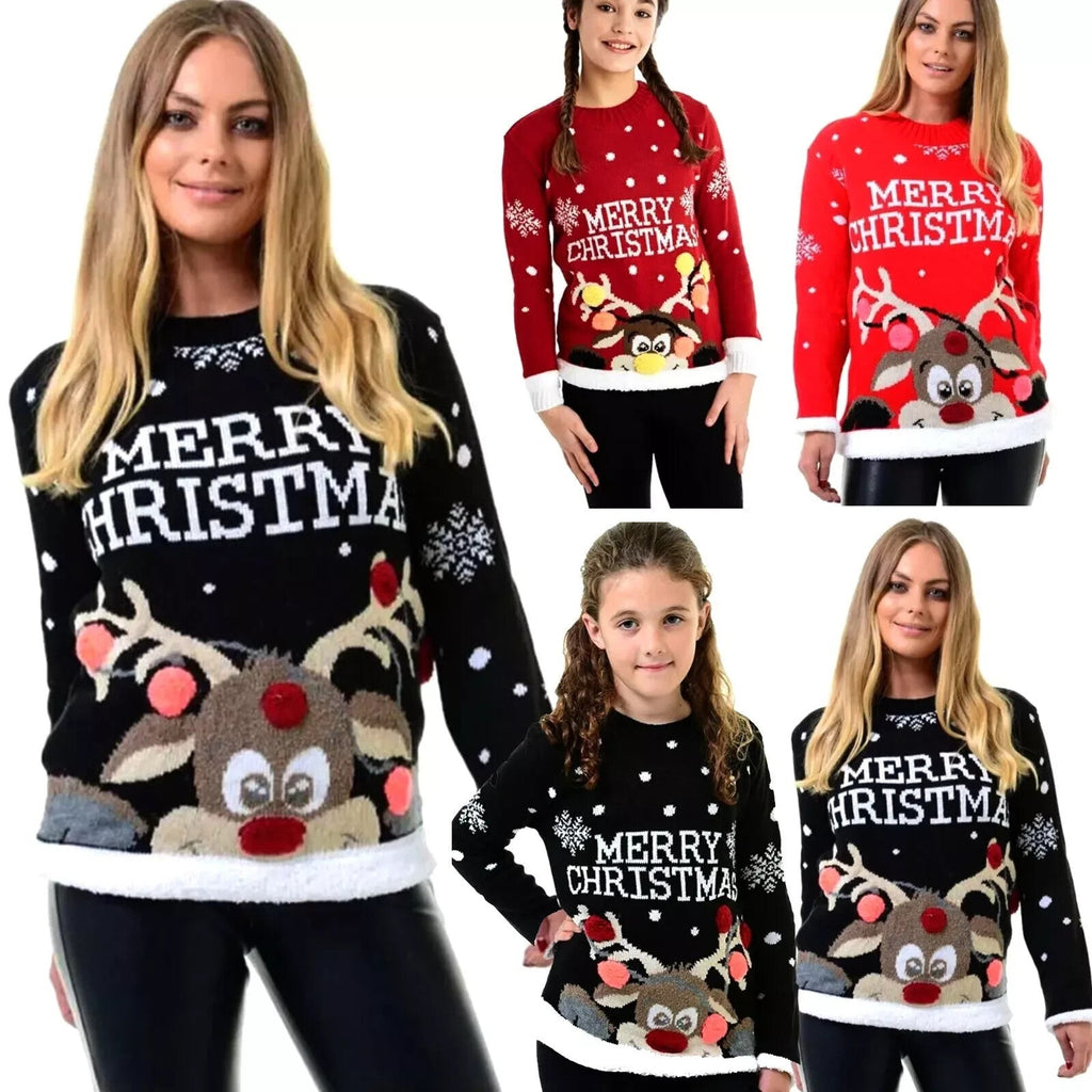 Women'S Kids Knitted Merry Christmas Xmas Snowflake & Reindeer Jumpers Top