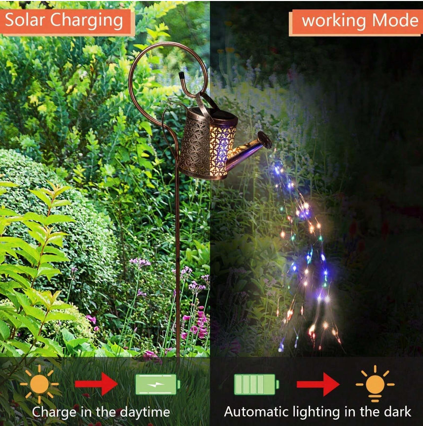 Solar Power LED String Light Watering Can Hollow Outdoor Garden Lamp Decor Xmas