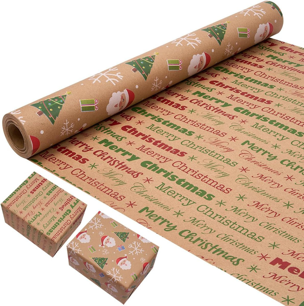 43Cm×10M Double-Sided Gift Wrapping Paper Roll, Recyclable Kraft Christmas Wrapping Paper Print with Santa Claus for Christmas Birthday Party Gift Decoration
