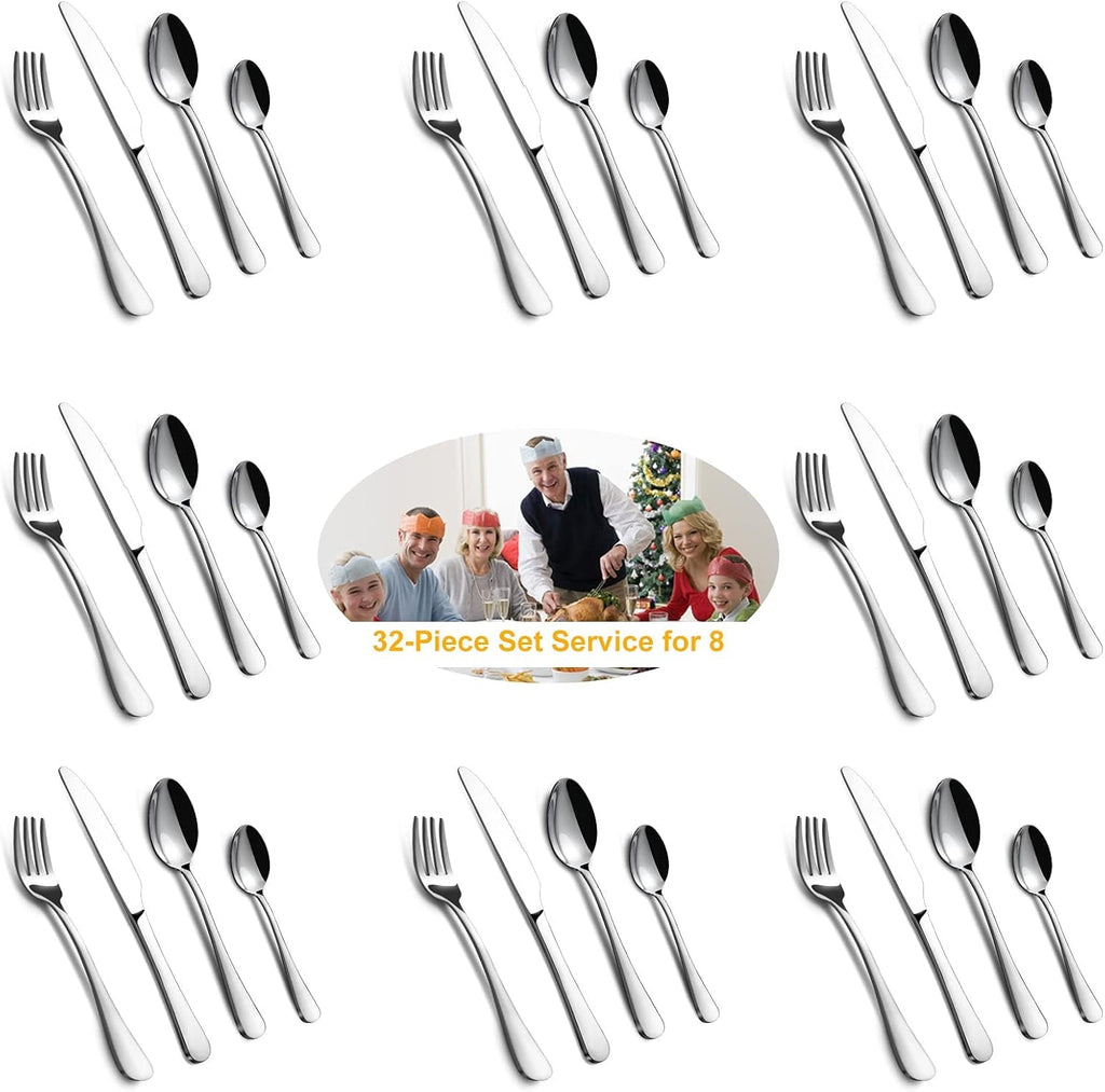 Cutlery Set,  32 Piece Stainless Steel Flatware Set, Tableware Silverware Set with Spoon Knife and Fork Set, Service for 8, Dishwasher Safe/Easy Clean, Mirror Polished