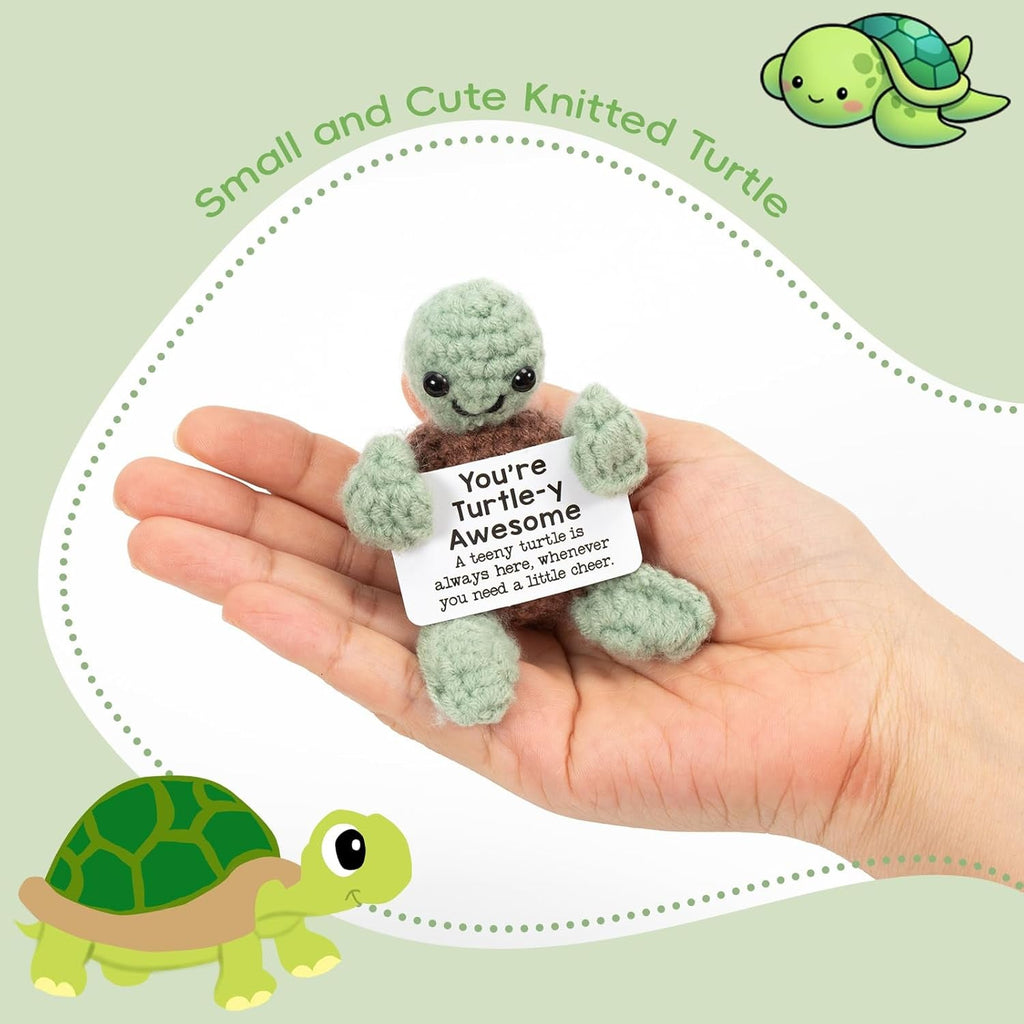 Funny Positive Turtle Gifts, Small Handmade Crochet Animals Cute Stuff, Birthday Gifts for Women, Emotional Support Presents for Women Christmas Home Desktop Decor (Green)