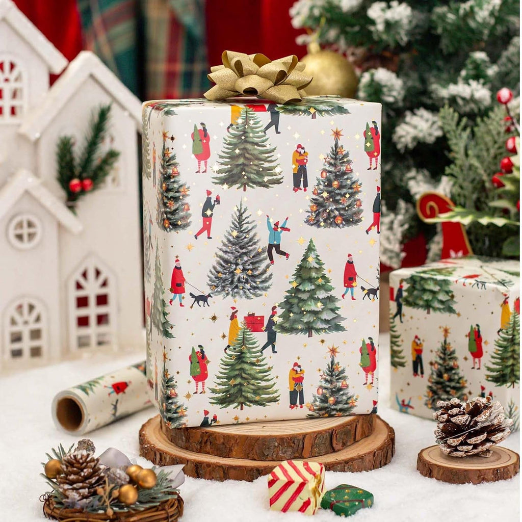 Christmas Wrapping Paper, 43Cm X 10M Christmas Tree and Lovers Gift Wrap Roll for Holiday, Winter, Party Celebration, DIY Crafts