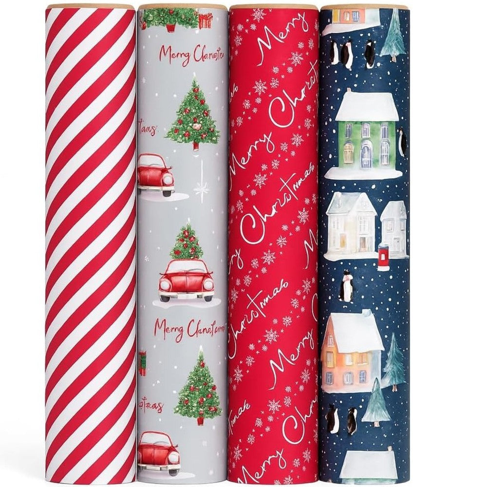 Christmas Wrapping Paper Roll 4 Pk Cute Traditional Contemporary Festive Design