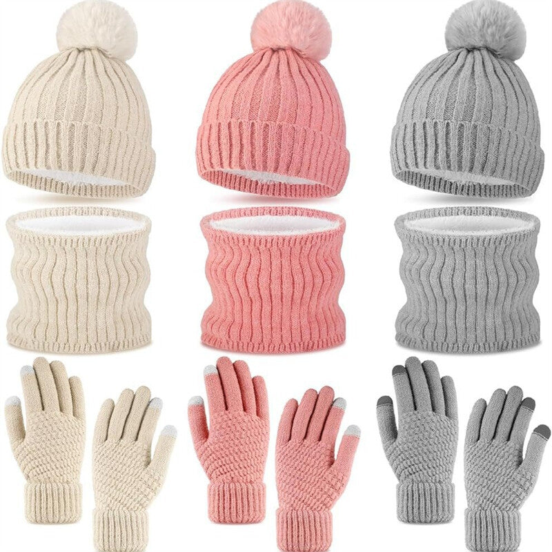 Womens Girls Thick Knit Hat Scarf and Touchscreen Gloves Set Knitted Winter Gift