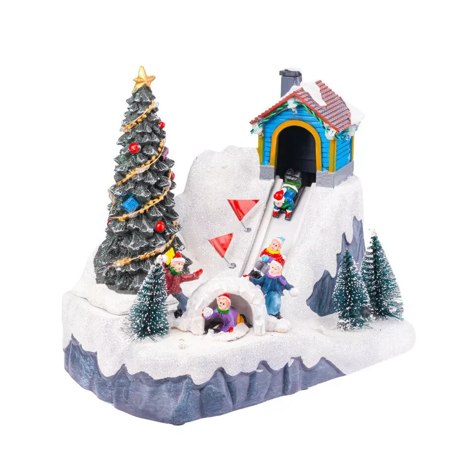 Christmas Village Scene Decoration Sledging Musical Moving Ornament Light Up