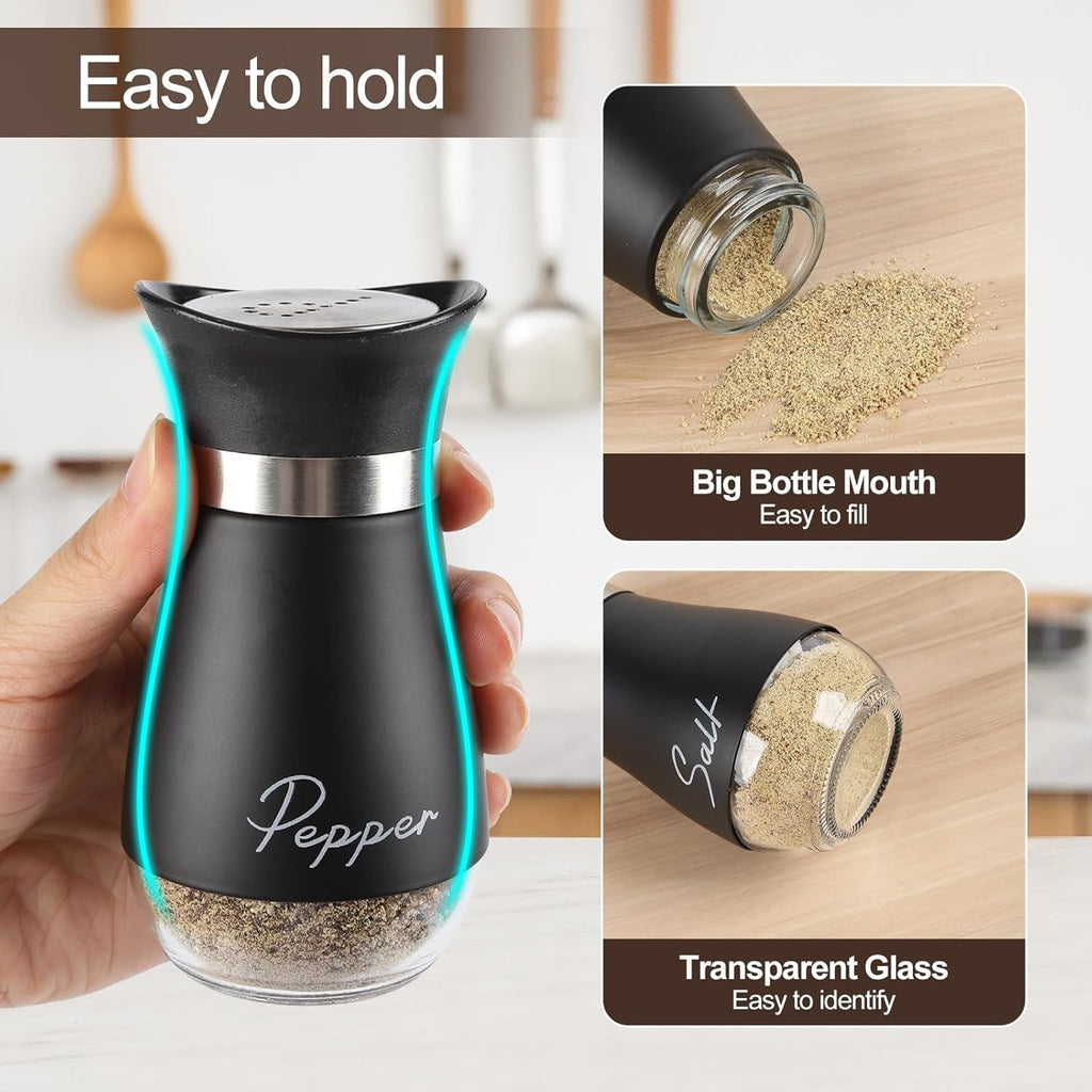 Salt and Pepper Sets,Salt and Pepper Shakers Sets with Holder,Set of 2 Stainless Steel and Glass Bottle Stainless Steel,Salt Shaker Dispenser for Cooking, BBQ (Black)
