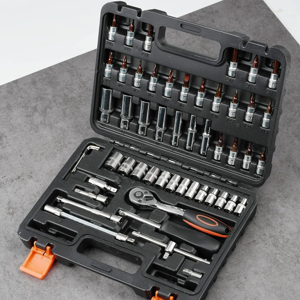 53-Piece 1/4" Socket Set,Driver Bits Metric Tool Set,72 Teeth Quick Release Ratchet Wrench Set with Flexible Extension Rods,S2 Screwdriver Bit,Crv Sockets/Deep Sockets,Tool for Car Bicycle Repair&Diy