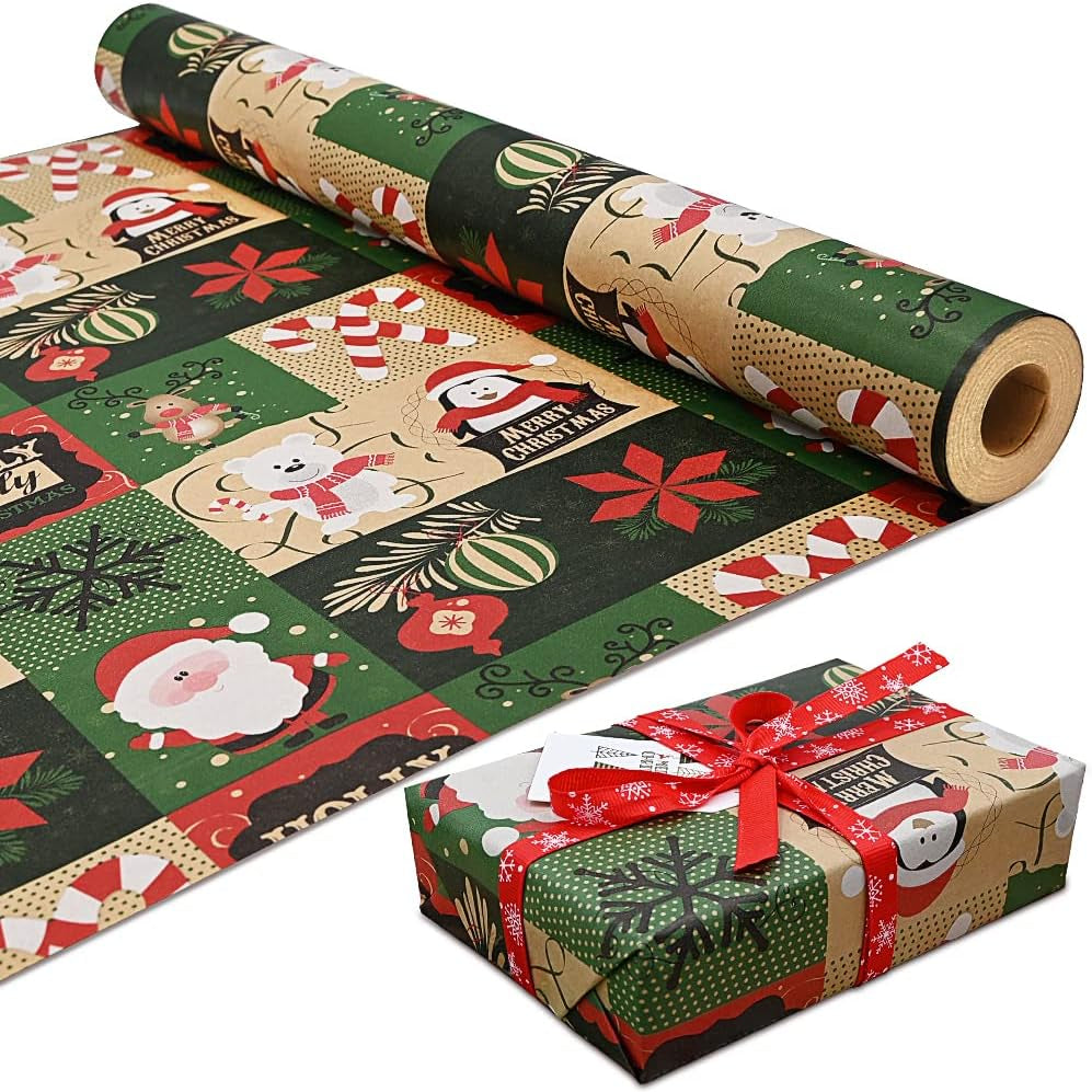 43Cm X 15M Roll Package Christmas Wrapping Paper, Kraft Paper Printed with Christmas Pattern Recyclable Wrapping Paper for Xmas Party Gift Wrap