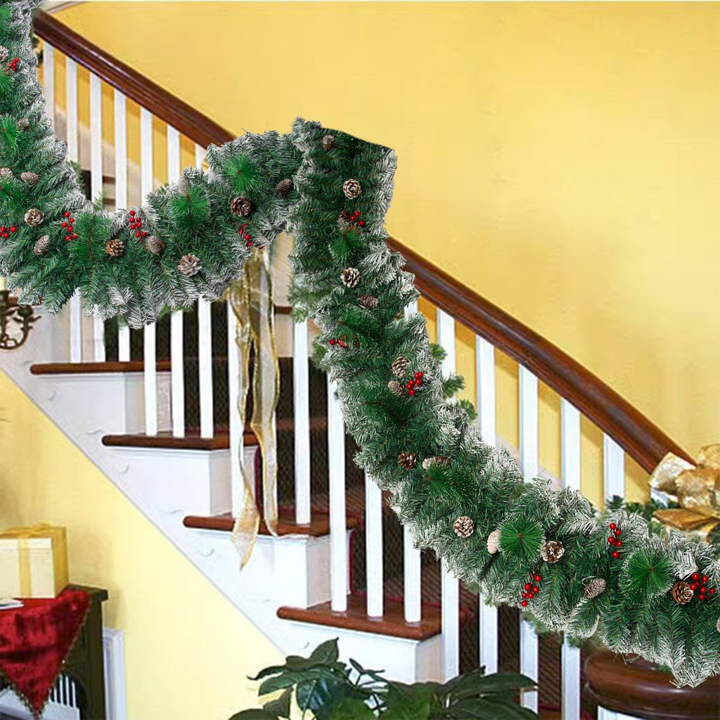 9Ft Christmas Garland Snow Flocked with Lights Pinecones Berries Wreath Bushy