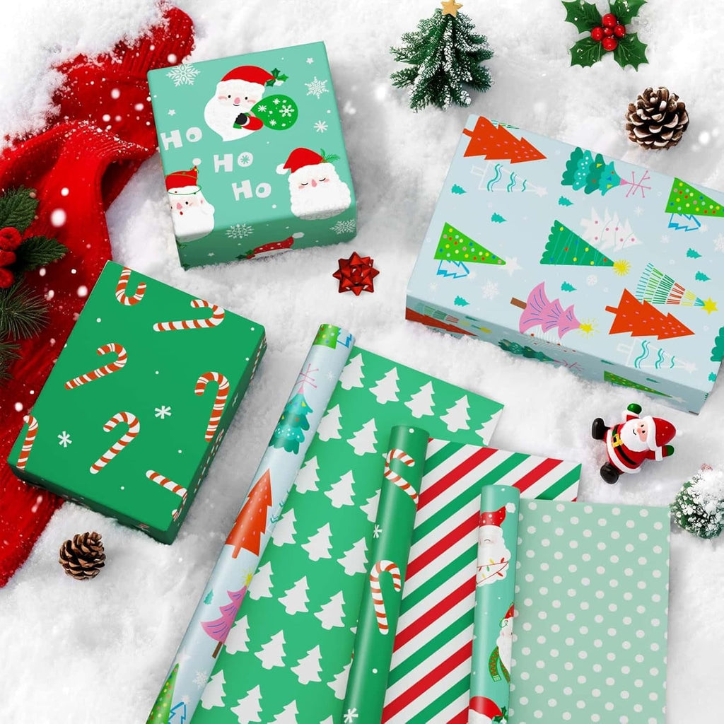 Reversible Christmas Wrapping Paper - 3 Rolls 17”X 120”Santa Wrapping Paper Rolls Classic Santa Winter Tree Candy Canes Gift Wrap Papers for Girls Boys Xmas Holiday Polka Dot Stripes Design