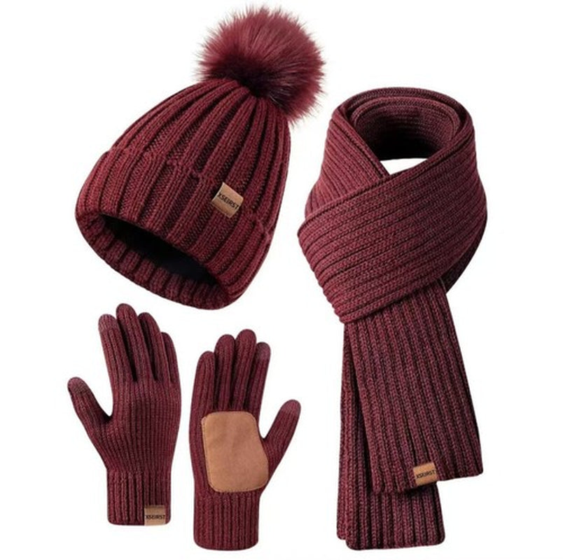 Hat Scarf and Gloves Set Ladies, Winter Beanie Hat for Women with Pom Pom Fleece