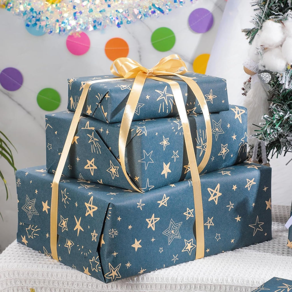25M X 43Cm Gift Kraft Wrapping Paper Roll, Star Blue Birthday Wrapping Paper for Birthday Gift Wrap Wedding Baby Shower Party