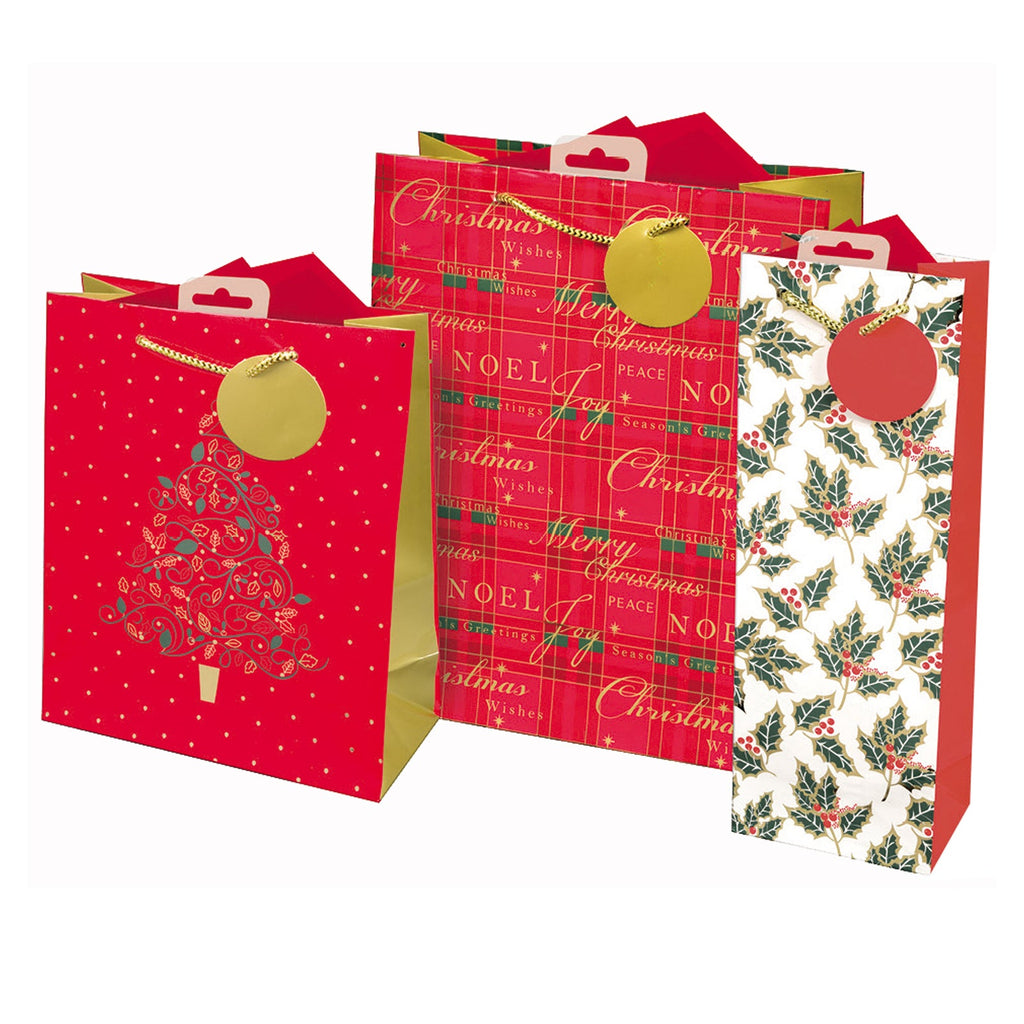Set 3 Christmas Gift Bags with Tags - Medium, Small & Bottle Bag