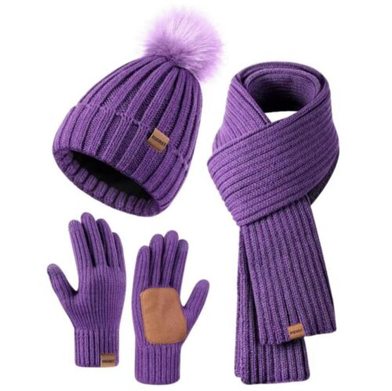 Hat Scarf and Gloves Set Ladies, Winter Beanie Hat for Women with Pom Pom Fleece