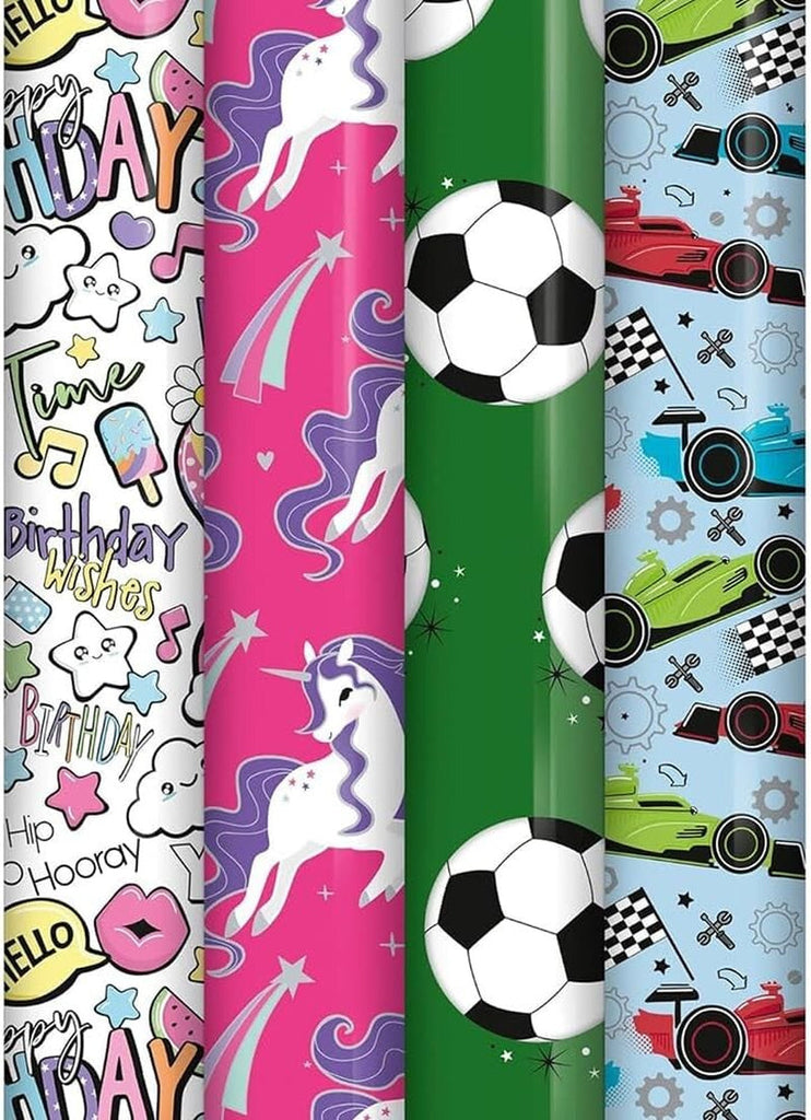 Pack of 4 X 3M Happy Birthday Gift Wrapping Paper Roll - Assorted Designs