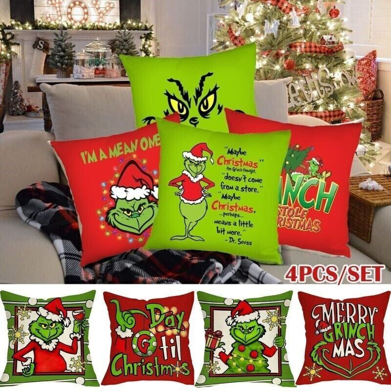 4Pcs Christmas Grinch Cushion Cover Pillow Case Xmas Sofa Pillowcase Decor~