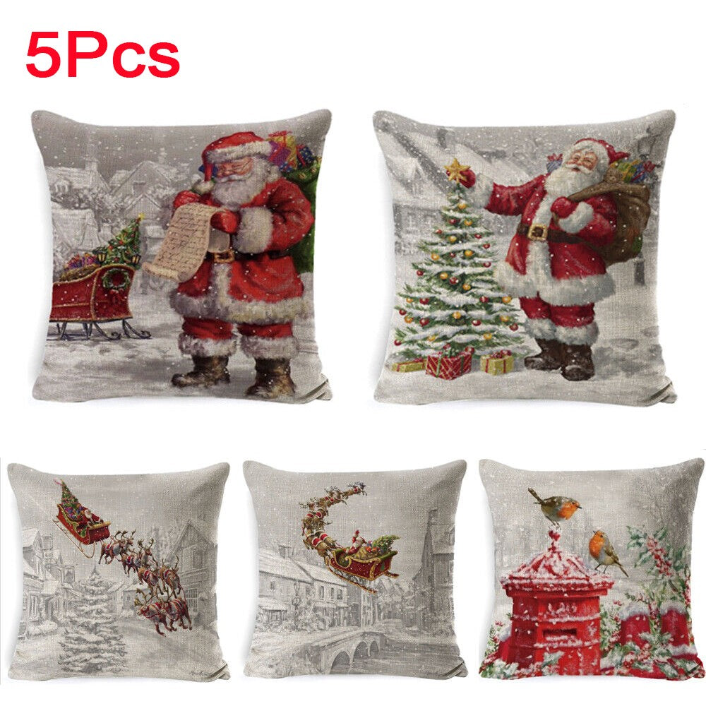 5Pcs Merry Christmas Santa Claus Cushion Cover Pillow Case Sofa Home Xmas Decor