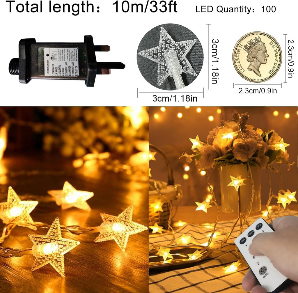 Plug in LED String Lights, Mains Powered 100 LED Star Christmas Lights with Remo