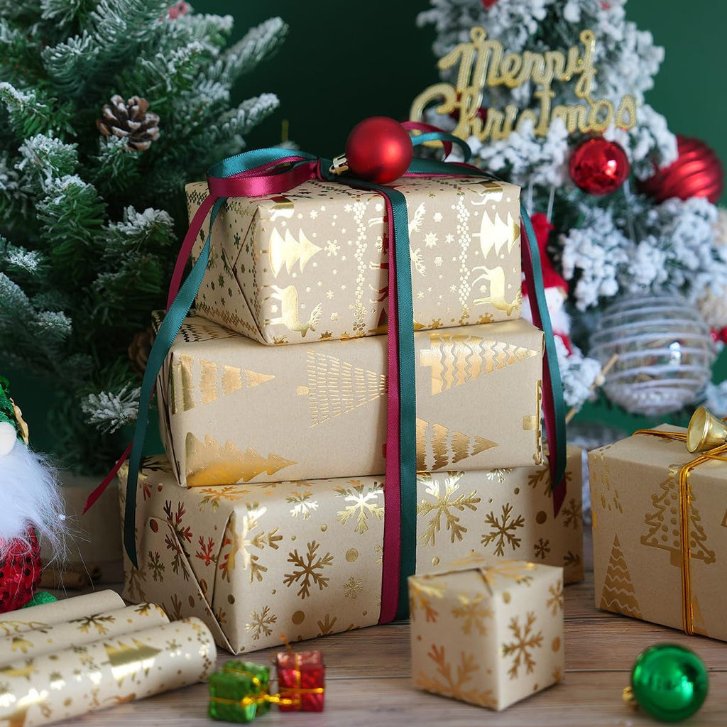 Christmas Wrapping Paper Rolls, Metallic Gold Foil - Brown Kraft Xmas Wrapping Paper Rolls, Gift Wrapping Paper for Women Men, Wrapping Paper for Christmas New Year Winter, 3 Rolls, 43Cm X 3M per Roll