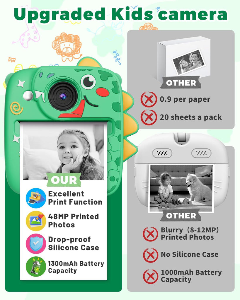 Instant Print Camera for Kids, Christmas Birthday Gifts Toys for 3 4 5 6 7 8 9 Year Old Boys Girls, 1080P Kids Digital Cameras Dinosaur Boys Toys Age 3-9 (Green)