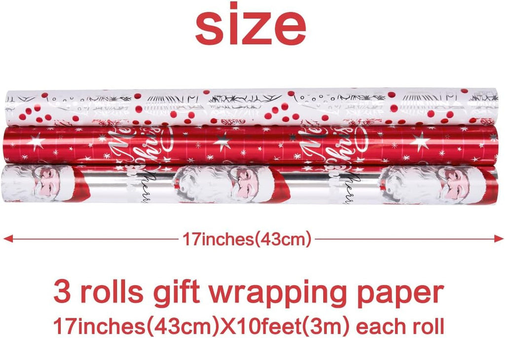3 Rolls Gift Wrapping Paper for Christmas : 43Cm X 3M Red White Metallic Glitter Foil Wrapping Paper, for Christmas, Birthday, Wedding, Party, Festival Gift Wrap