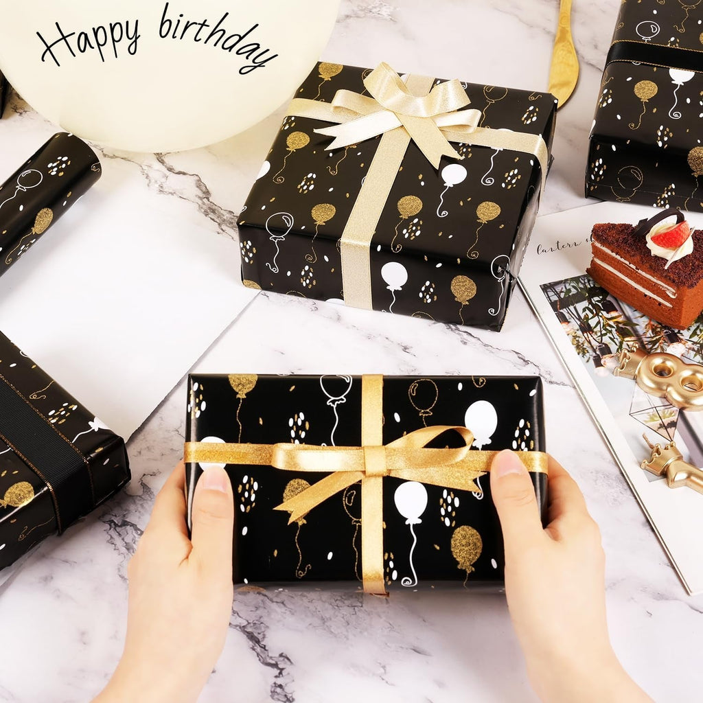 Black Birthday Wrapping Paper Roll - Metallic Dots and Balloon Design, 43Cm X 10M Black Gold Wrapping Paper for Women Men, Luxury Gift Wrap Paper for Birthday Christmas Wedding Baby Shower Party