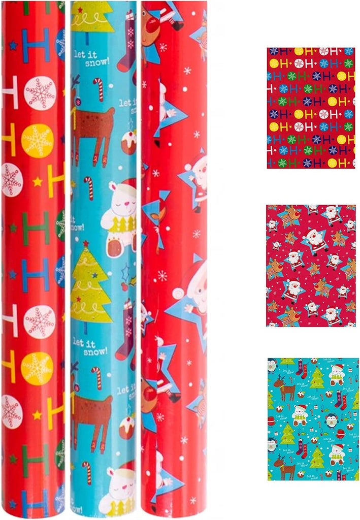 Christmas Wrapping Paper 3 Rolls X 20M Presents Gift Wrap Xmas Party - 60 Metres Total