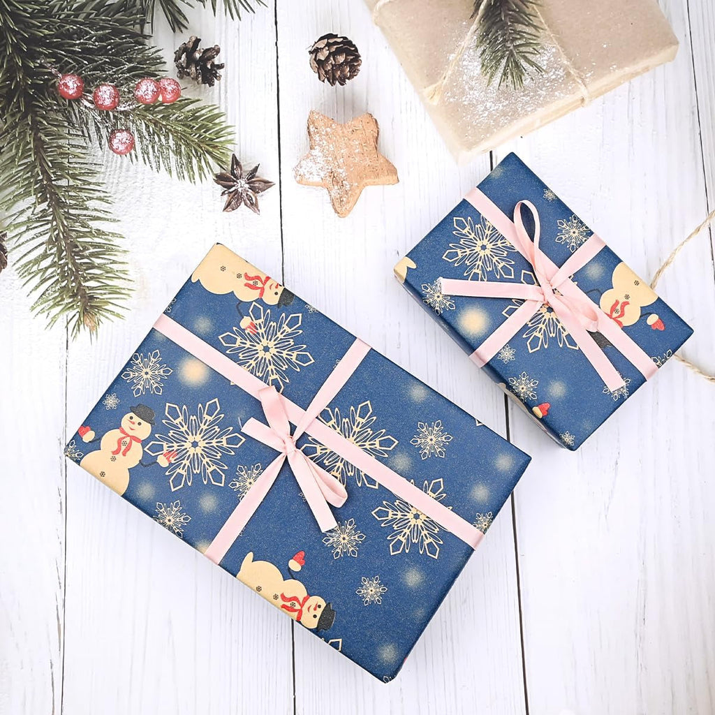 Wrapping Paper Roll, Roll of Christmas Gift Wrapping Paper Recyclable Kraft Paper, 15M X 43Cm Navy Blue Paper Printed with Star Snowflake Snowman for Christmas Gift Wrapping Party Decoration