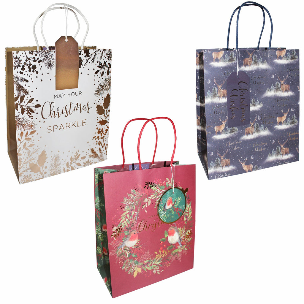 Christmas Gift Bag with Tag 100% Recyclable 25Cm X 21.5Cm - Choose Design