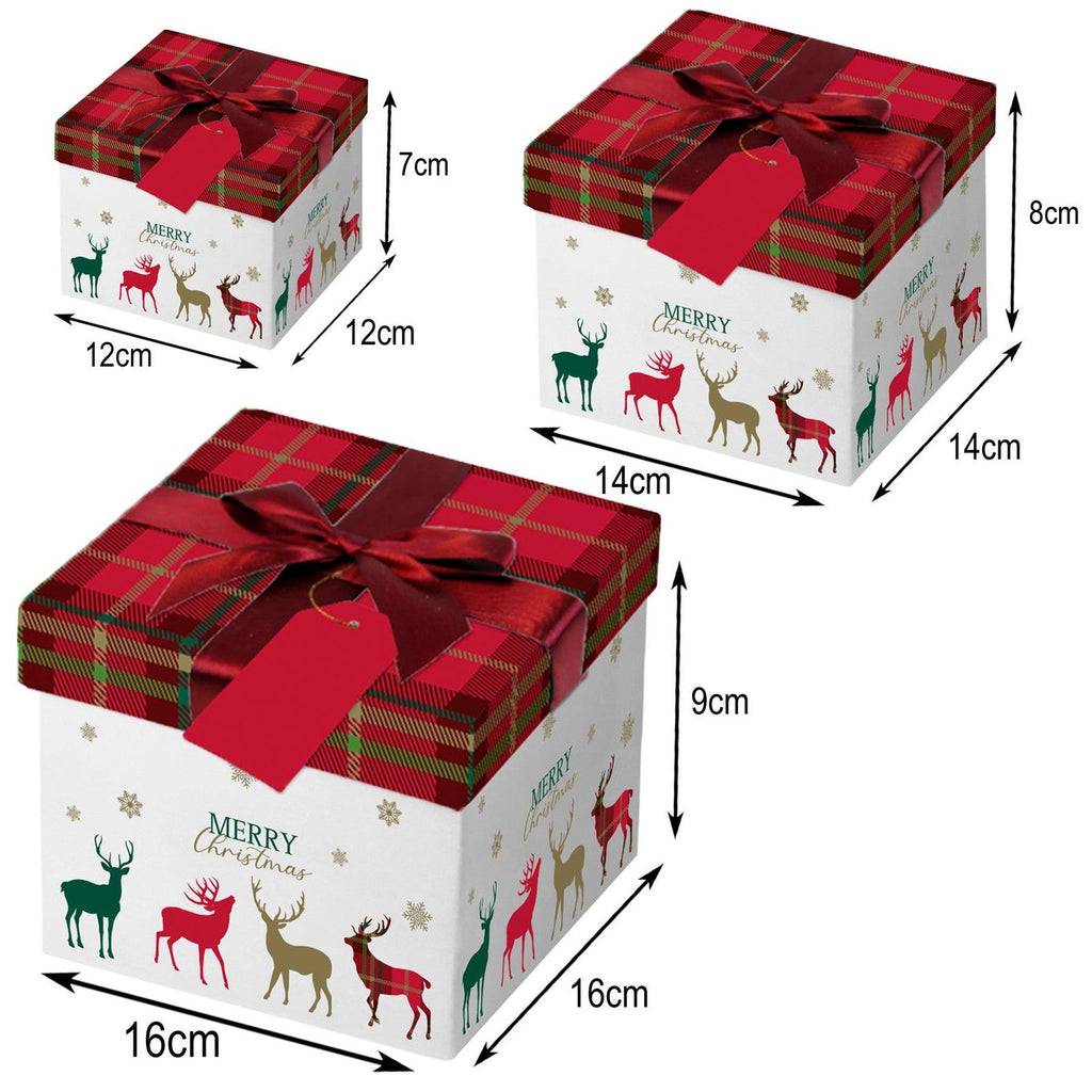 Christmas Gift Boxes 3 Pack Lift off Lids with Ribbon 12Cm 14Cm 16Cm - Reindeers