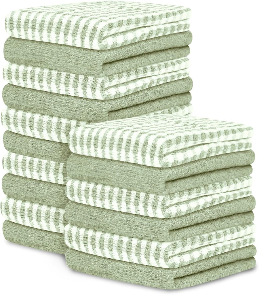 Large Tea Towels Pack of 16 | 46 X 65 Cm Sage Green Check Tea Towels Bar Kitchen Towels Set | Absorbent Chef Tea Towel Dish Cloths for Washing & Cleaning | 35% Polyester, 65% Cotton Dish Towels