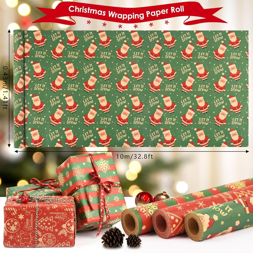 3 Rolls Christmas Wrapping Paper for Gift, 43Cm X 10M Xmas Wrapping Paper Rolls Recyclable Kraft Paper for Christmas Boxes Gift Wrap Birthday Festival Present Decorations