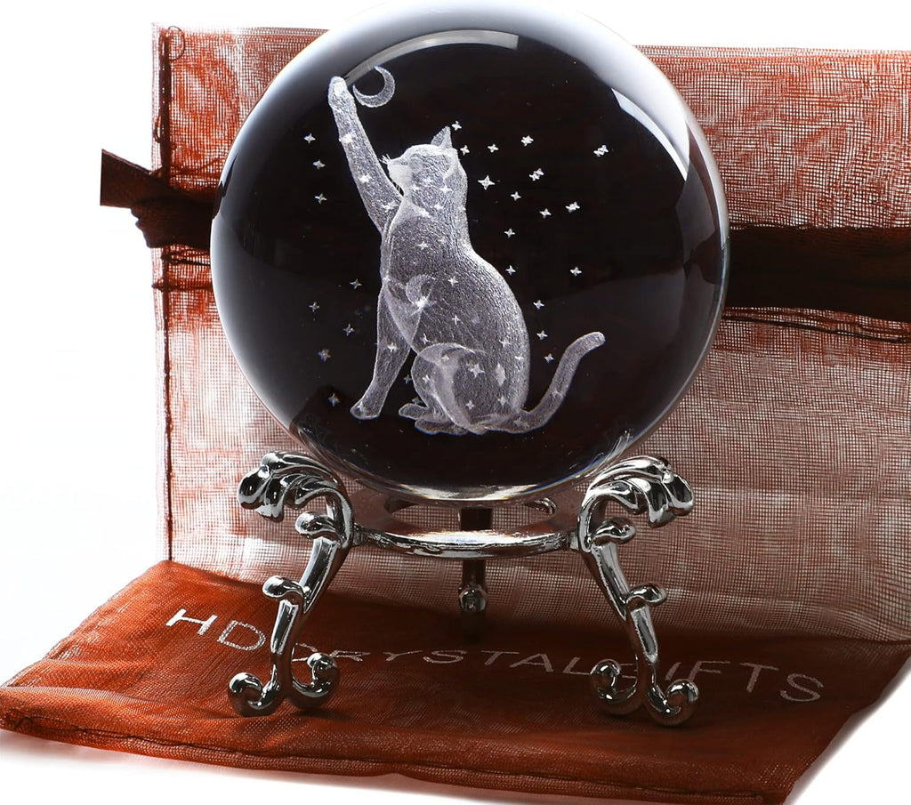 60Mm 3D Cat Crystal Ball Figurine Glass Laser Engraved Cat Moon Star Crystal Ball with Stand Glass Sphere Paperweights Cat Gifts for Cat Lovers Women