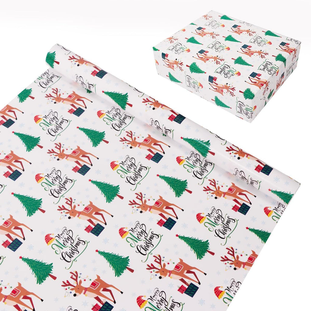 Christmas Wrapping Paper Roll,43Cm*12M Christmas Elements Collection Paper for Xmas Present (White and Green)