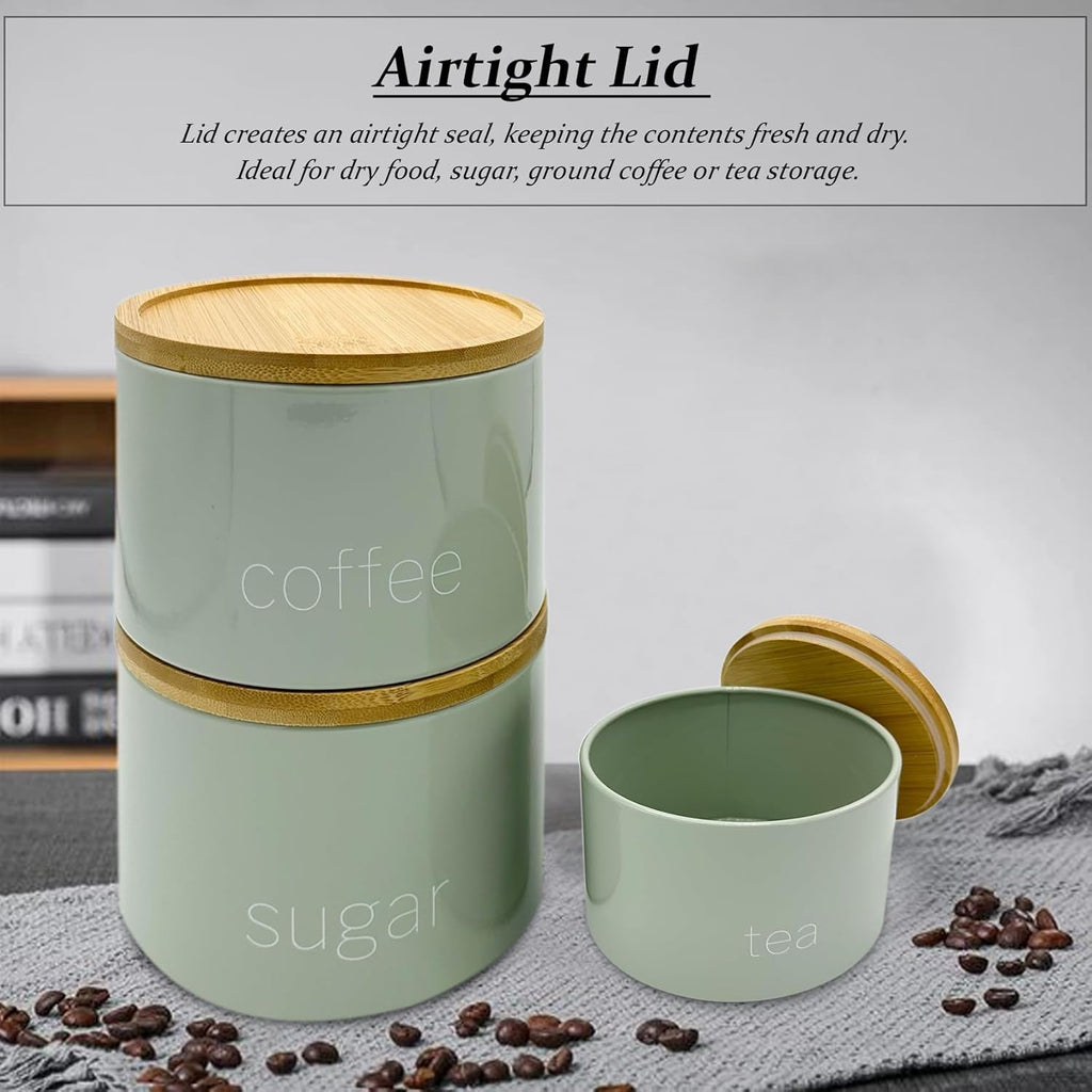 3 Pieces Jar with Wooden Lid Tea Coffee Sugar Canister Storage Container Bowl Pots Kitchen Storage Tins (Sage)