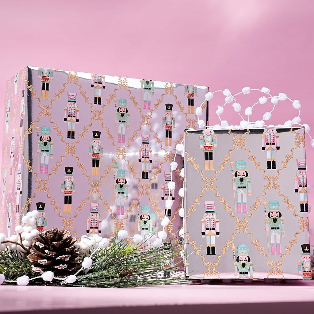 Christmas Foil Wrapping Paper - Mini Roll, Pink Nutcracker Gift Wrap for Christmas, Holiday, Xmas Party Celebration, 43Cm X 10M