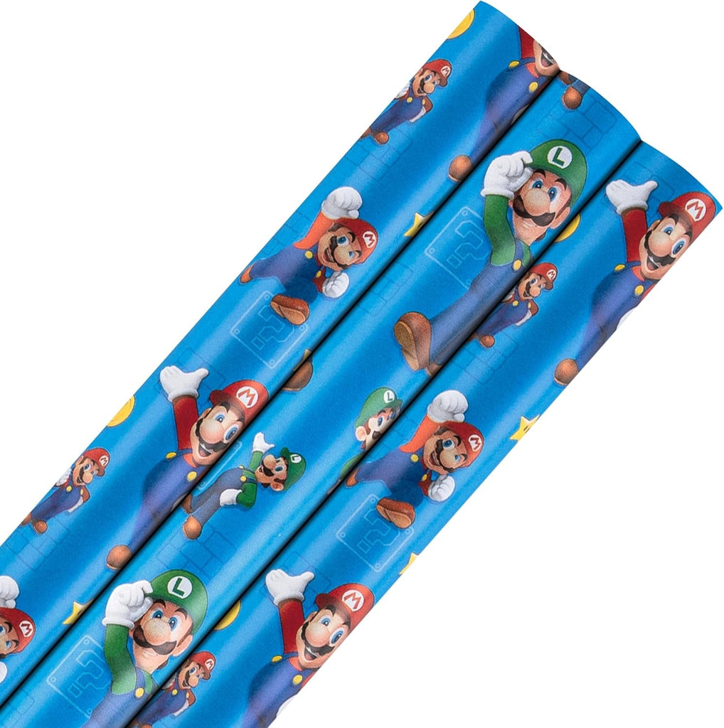 6M Wrapping Paper, Pack of 3, Super Mario Bros., Mario & Luigi, 2M Each, Birthday, Christmas, Blue
