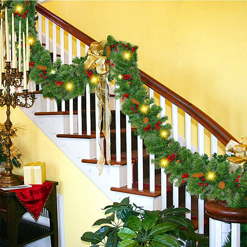 9Ft Christmas Garland Snow Flocked with Lights Pinecones Berries Wreath Bushy