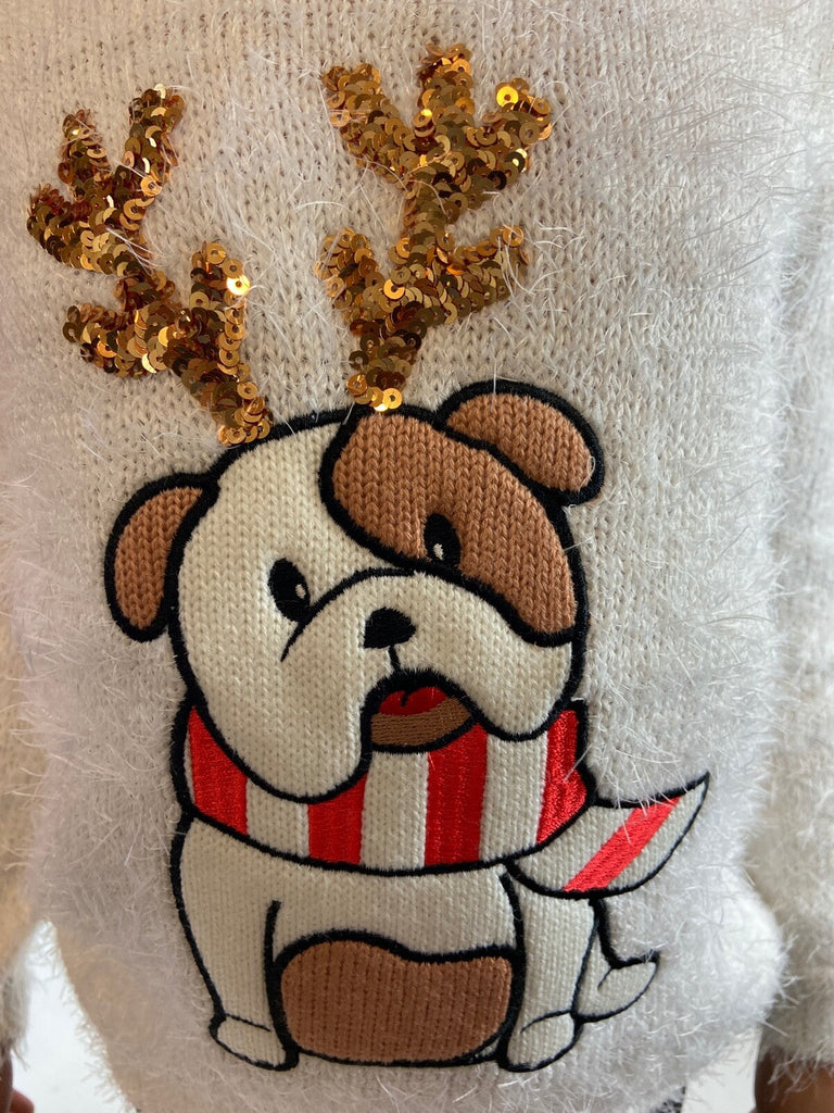 Christmas Jumper Kids Girls Bull Dog Xmas Knit Sweater Pullover Red 3-12 YRS