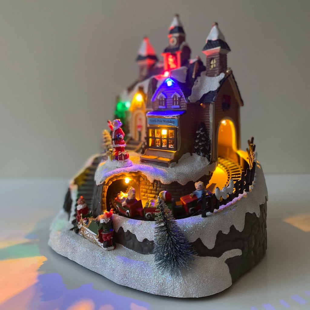 Christmas Village Scene Decoration Ornament with LED Lights Moving Train & Sound
