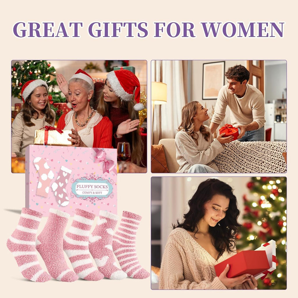 Fluffy Socks Womens with Gift Box, Cosy Bed Socks for Women, Warm&Comfy Fuzzy Sock, Christmas Gifts for Women Ladies Girls, 5 Pairs, 3-8
