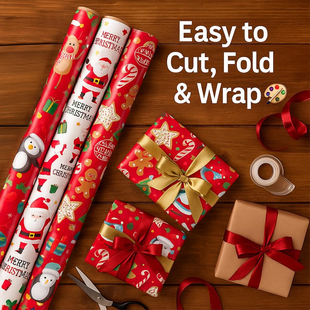 Christmas Wrapping Paper, 4 X 7M Rolls, Cute Xmas Characters, for Gifts & Festive Decoration