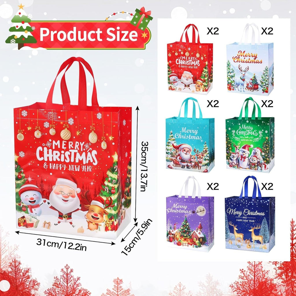 6 Pack Christmas Tote Bag, Extra Large Reusable Grocery Bag with Handle, Present