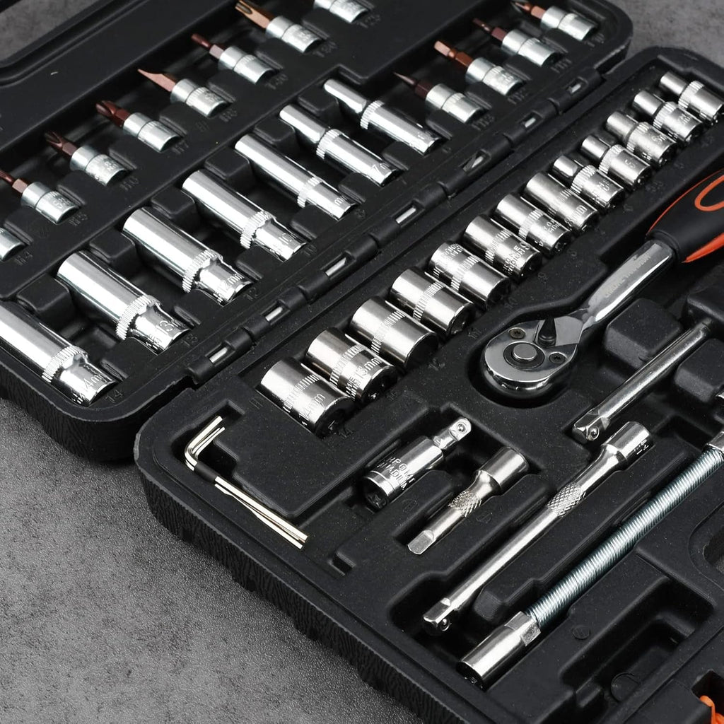 53-Piece 1/4" Socket Set,Driver Bits Metric Tool Set,72 Teeth Quick Release Ratchet Wrench Set with Flexible Extension Rods,S2 Screwdriver Bit,Crv Sockets/Deep Sockets,Tool for Car Bicycle Repair&Diy