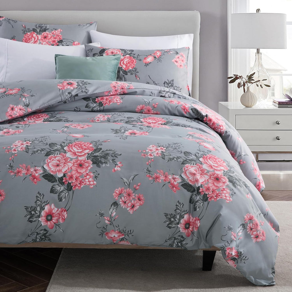 King Size Duvet Cover Sets Soft Printed Luxury Bedding Set Brushed Microfiber Duvet Covers with Pillowcases (Grey Bouquet 230X220 CM)