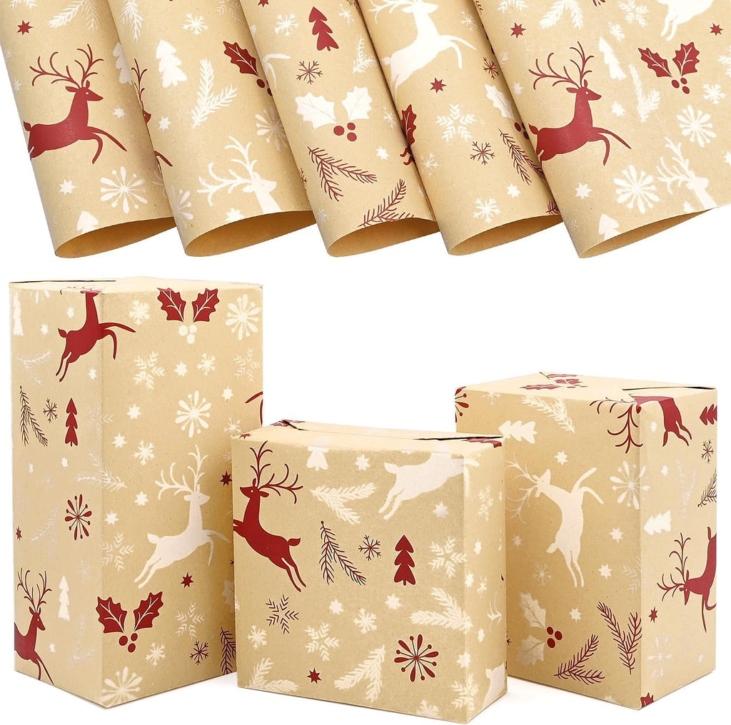 Christmas Wrapping Paper 5Pcs, 70 * 50Cm Brown Kraft Wrapping Paper for Xmas,Red White Deer Snowflake Design