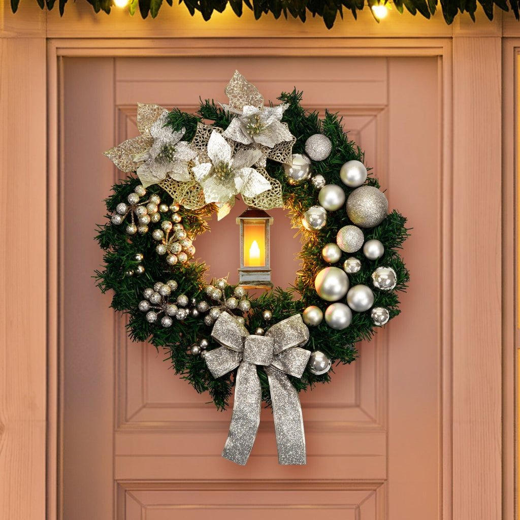 Artificial LED Christmas Wreath Pine Green Decorative Hanging Xmas Door 40Cm Bow