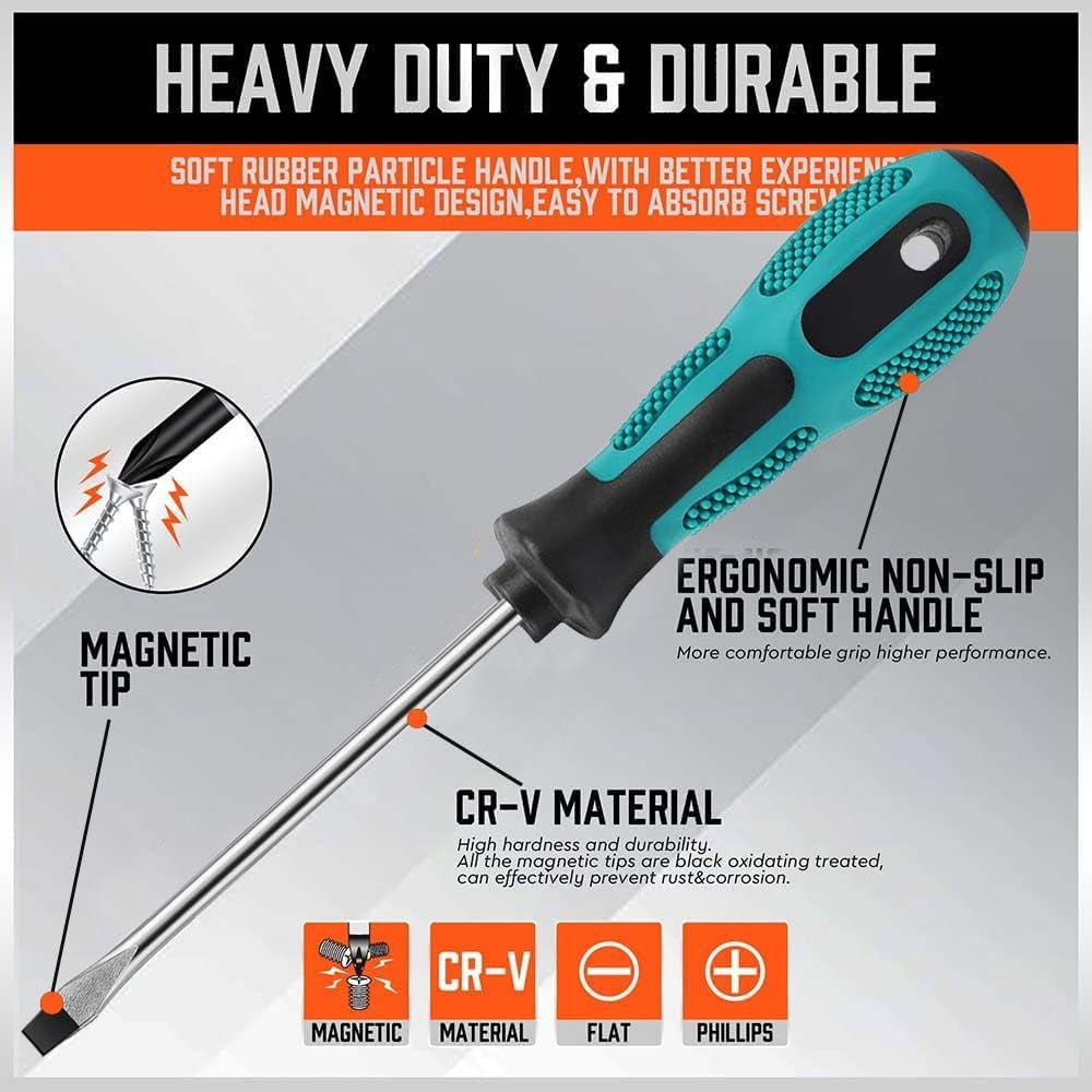 10Pcs Screwdriver Set,Heavy Duty Chrome Vanadium Steel Made,Magnetic Screwdriver with 5 Cross& 5 Flat Head,Durable Hand Tools in Carry Bag