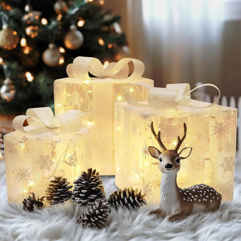 3 Pack Illuminated Christmas Gift Boxes Decoration LED Light up Presents Parcels